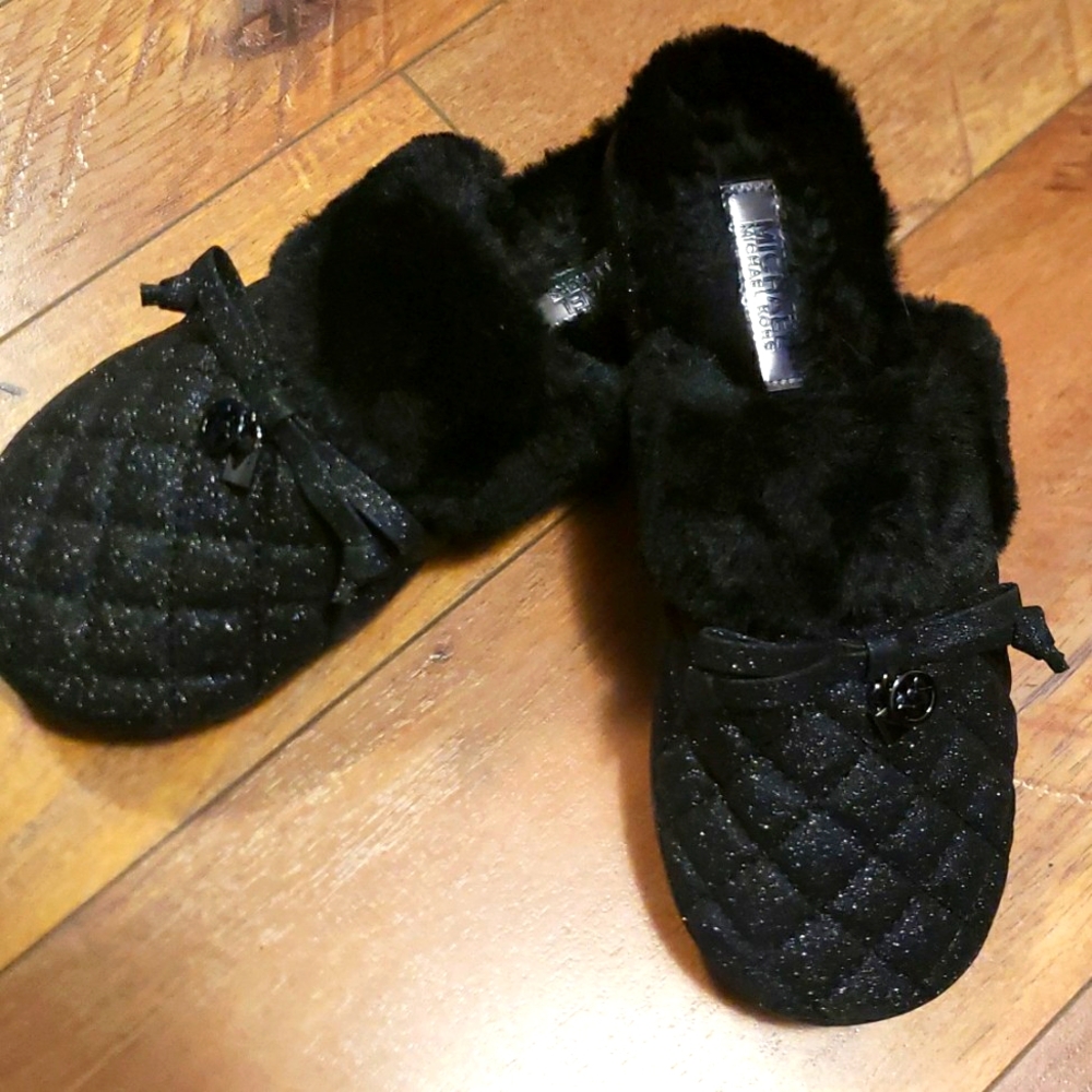 Michael Kors Slippers, sparkly black with fur